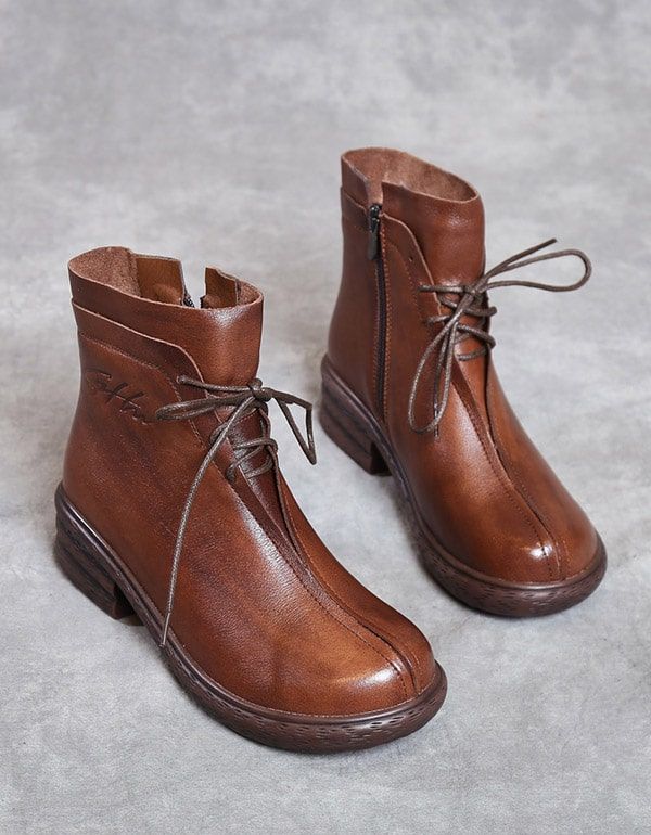 Bottines À Lacets En Cuir Rétro Automne-hiver