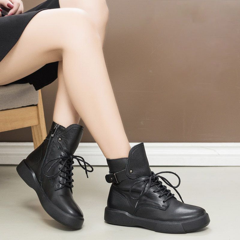 Bottines Noires En Cuir Rétro Pour Femmes