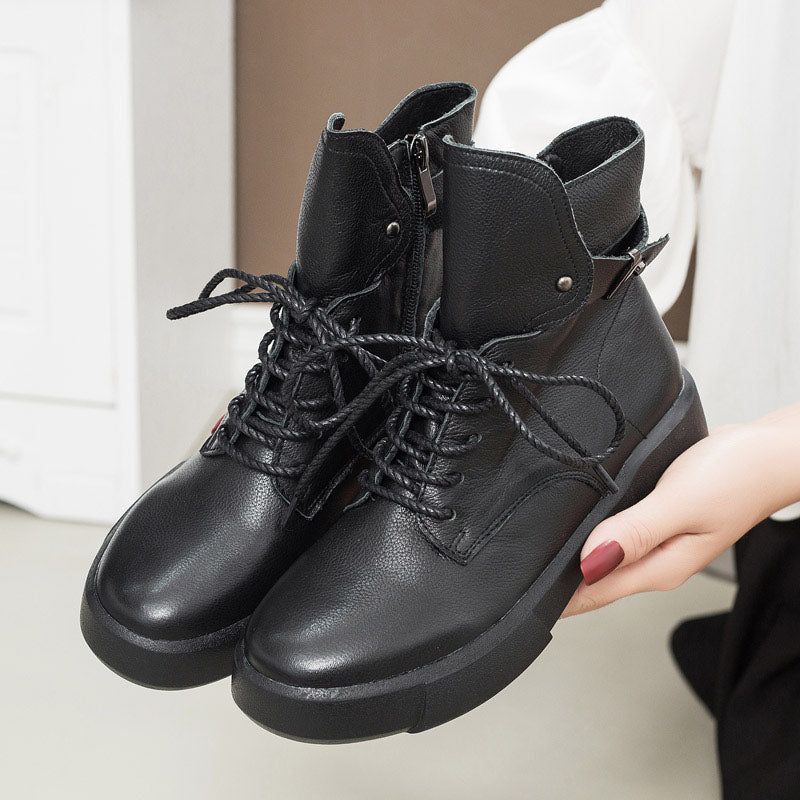 Bottines Noires En Cuir Rétro Pour Femmes