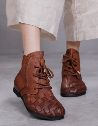 Bottines Tissées En Cuir Rétro Faites À La Main Automne Hiver