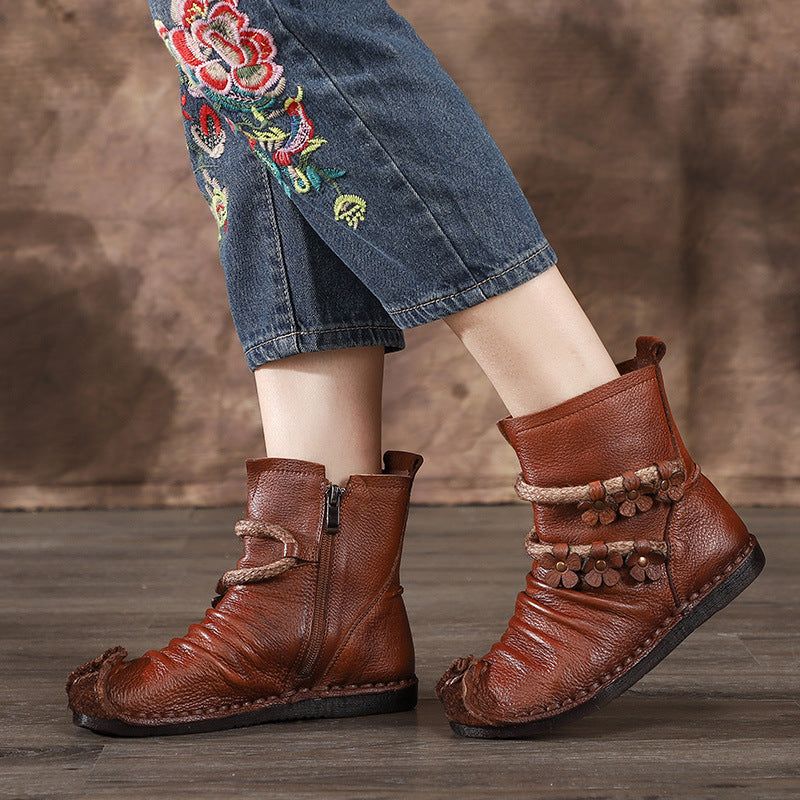 Fleurs En Cuir D'automne Et D'hiver Bottes Rétro Confortables | Chaussures Cadeaux