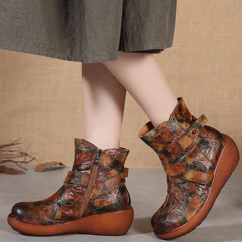 Bottes Rétro Pour Femmes À Fleurs À Fond Épais D'automne Et D'hiver