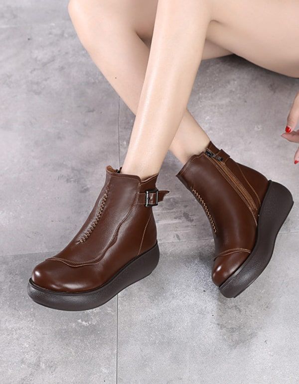 Bottes Compensées En Cuir Rétro Automne-hiver Pour Femmes