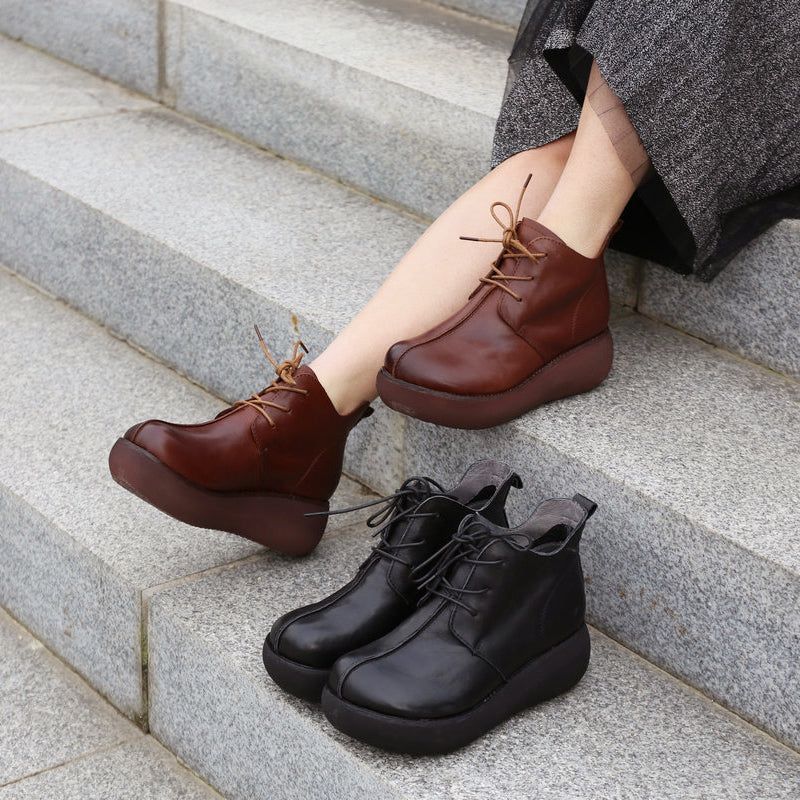 Bottes Compensées Pour Femmes En Cuir Rétro D'automne