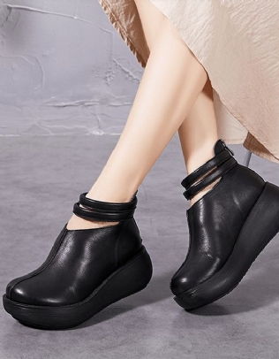 Bottes Compensées Pour Femmes En Cuir Rétro Automne-hiver