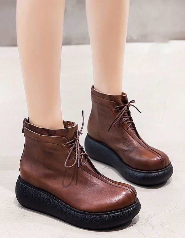 Bottes Courtes Compensées En Cuir Rétro Pour Femmes