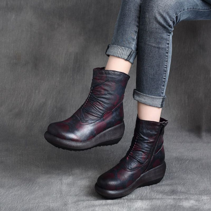 Bottes À Plateforme En Cuir Rétro Faites À La Main D'automne