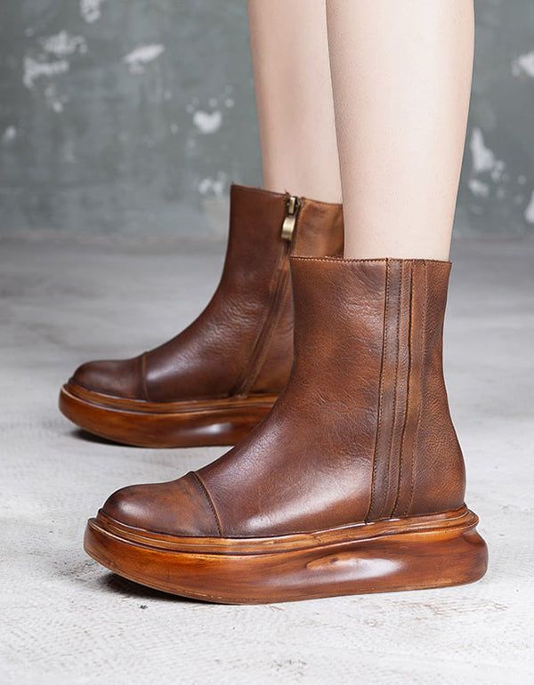 Bottes À Plateforme En Cuir Rétro À Semelles Épaisses D'automne