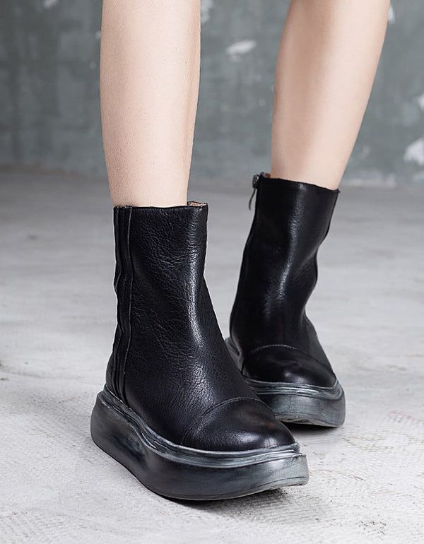 Bottes À Plateforme En Cuir Rétro À Semelles Épaisses D'automne