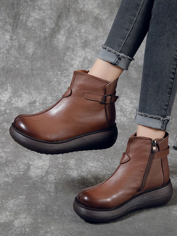 Bottes Rétro Imperméables Pour Femmes À Talon Compensé En Cuir