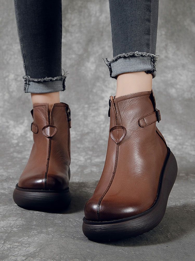 Bottes Rétro Imperméables Pour Femmes À Talon Compensé En Cuir