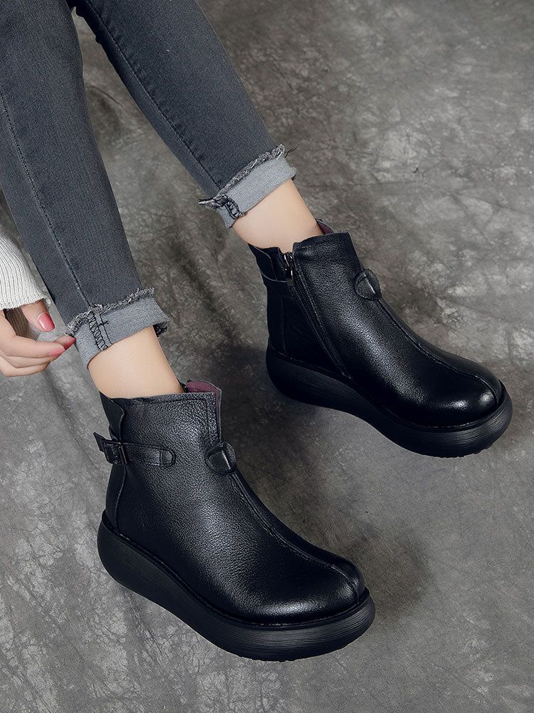 Bottes Rétro Imperméables Pour Femmes À Talon Compensé En Cuir