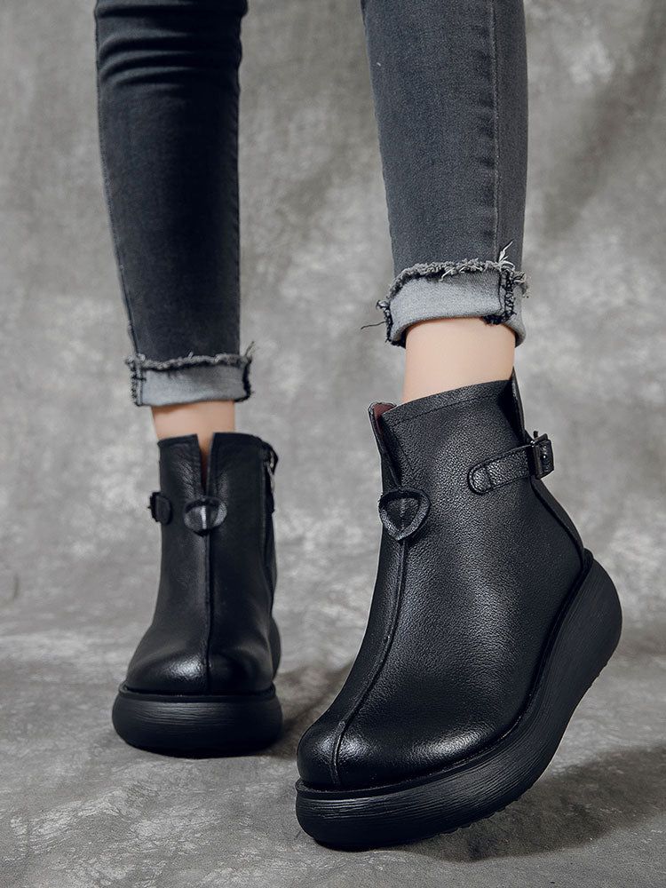 Bottes Rétro Imperméables Pour Femmes À Talon Compensé En Cuir