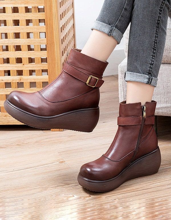 Bottines Compensées En Cuir Rétro Antidérapantes D'hiver