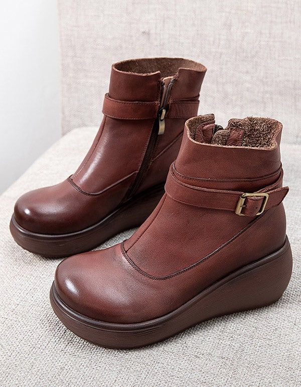 Bottines Compensées En Cuir Rétro Antidérapantes D'hiver