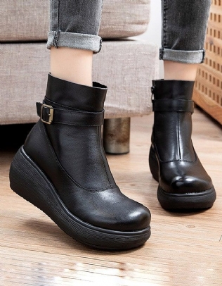 Bottines Compensées En Cuir Rétro Antidérapantes D'hiver