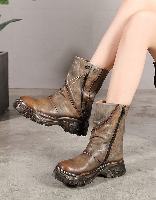 Bottines Plates-formes Pour Femmes En Cuir Rétro Faites À La Main