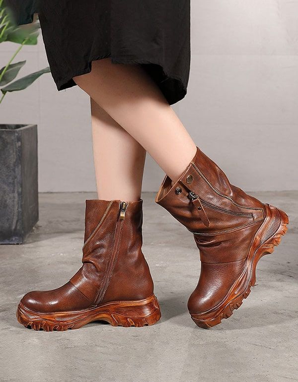 Bottines Plates-formes Pour Femmes En Cuir Rétro Faites À La Main