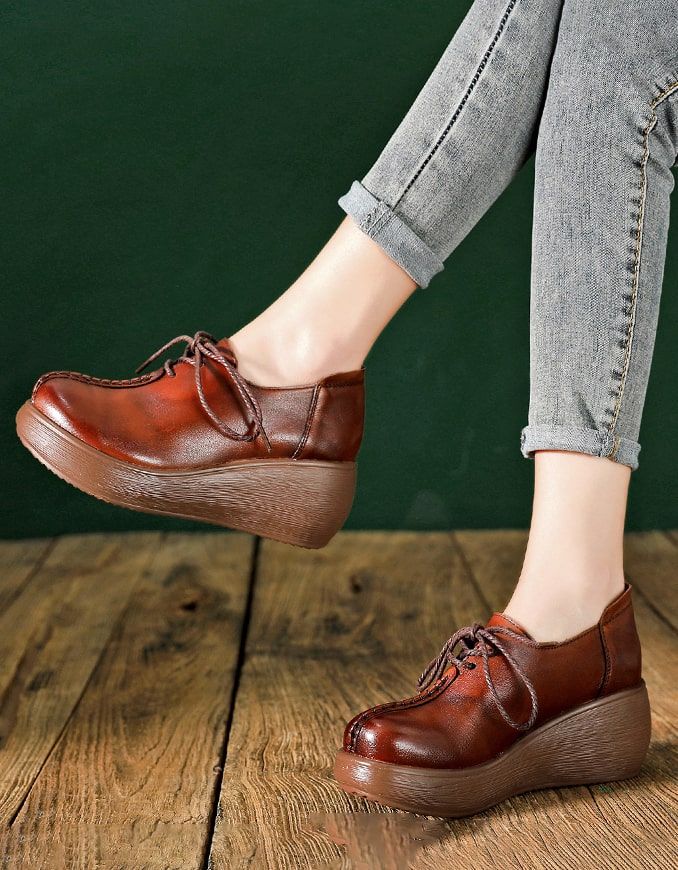 Chaussures De Printemps À Lacets À Tête Ronde En Cuir Véritable