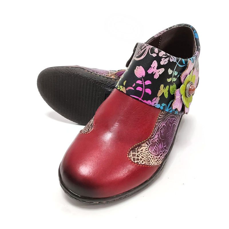 Chaussures Ethnique Fleurs Cuir Embossé Fait Main 36-42