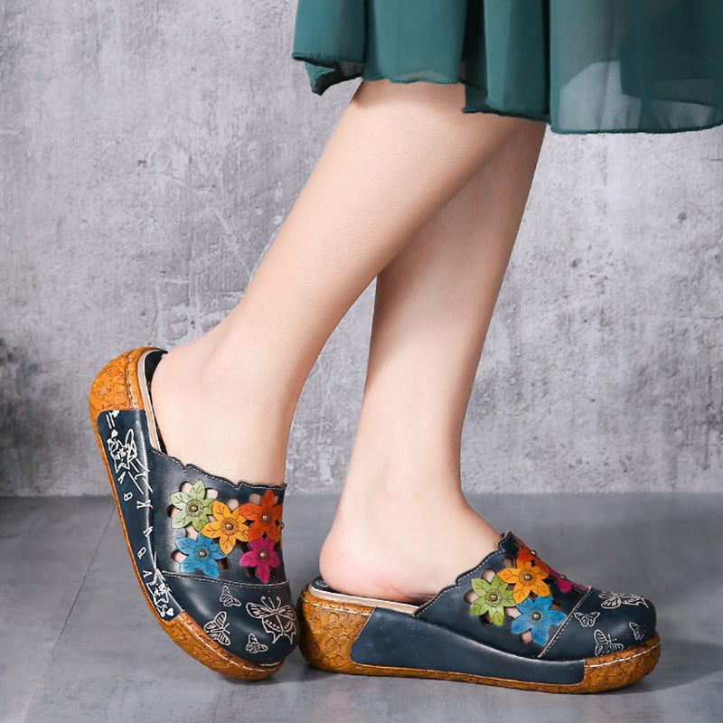 Spring Leather Thick Color Matching Women's Slippers Sandals 35-42