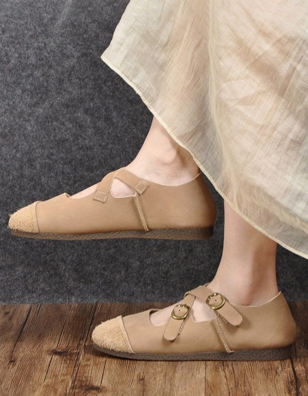 Ballerines Rétro En Cuir Souple À Boucle Croisée À Tête Ronde