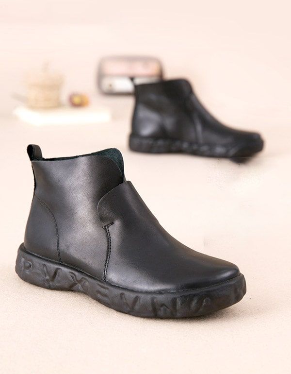 Bottes Noires En Cuir Rétro Pour Femmes En Peluche