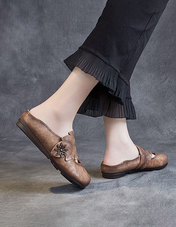 Chaussons Plats En Feuille De Cuir Rétro Faits À La Main