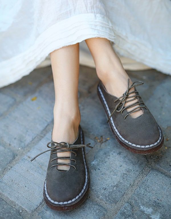 Chaussures Confortables Pour Femmes À Lacets Plats Rétro De Printemps