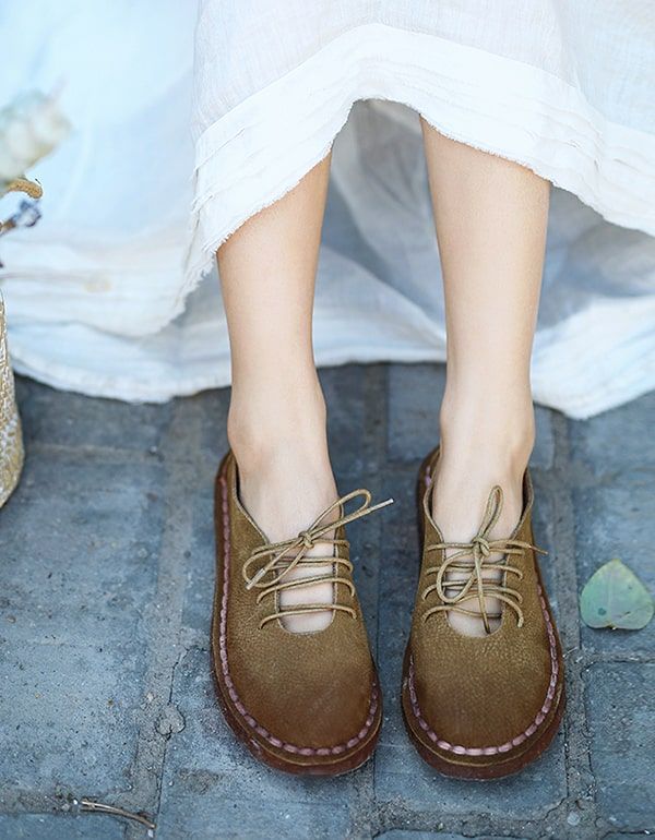 Chaussures Confortables Pour Femmes À Lacets Plats Rétro De Printemps