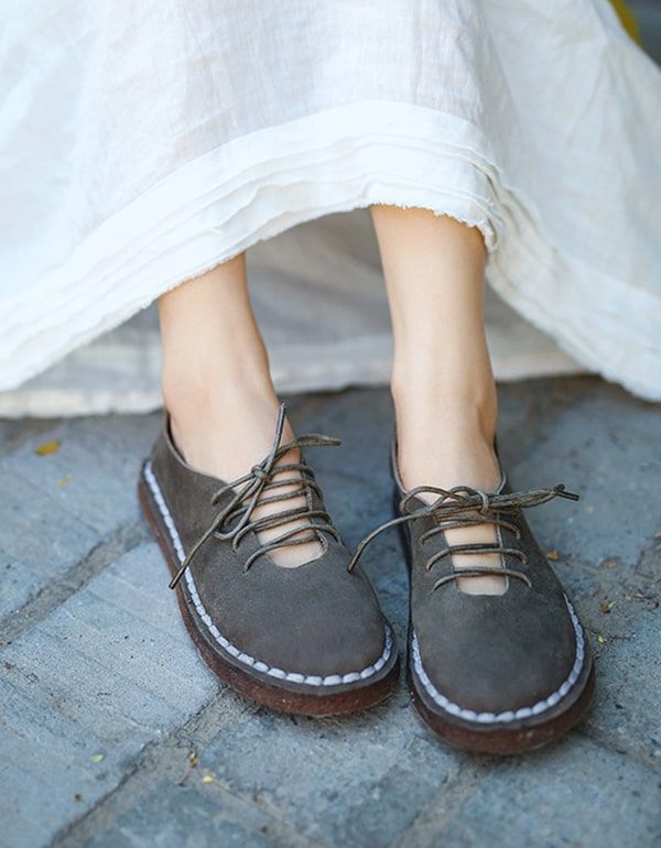 Chaussures Confortables Pour Femmes À Lacets Plats Rétro De Printemps