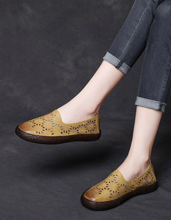 Chaussures À Enfiler Creuses En Cuir Sculpté Pour Femmes 35-43