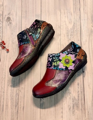 Chaussures Ethnique Fleurs Cuir Embossé Fait Main 36-42