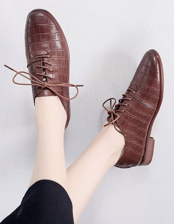 Chaussures Pour Femmes À Lacets En Cuir Lisse De Style Britannique