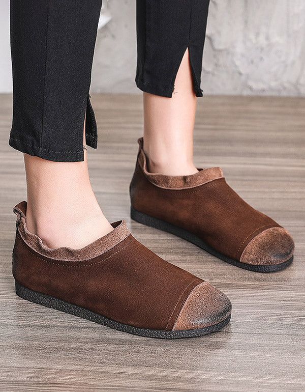 Chaussures Pour Femmes Plates En Cuir À Coutures Rétro En Bois