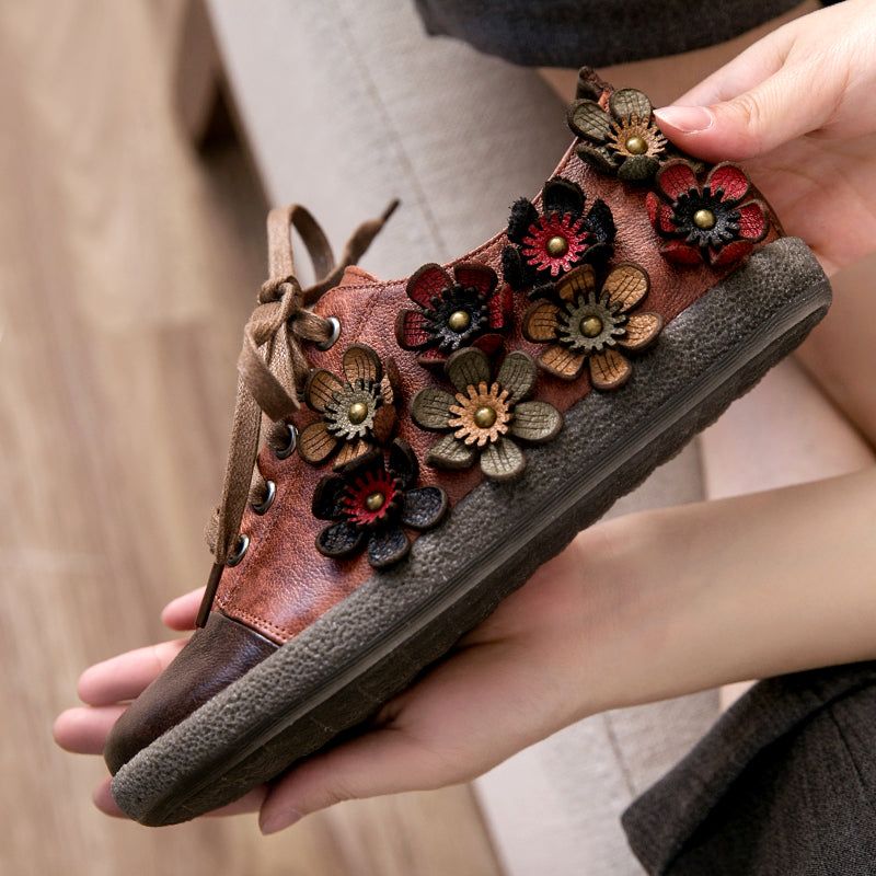 Chaussures À Lacets Pour Femmes Rétro Fleur Mignonnes