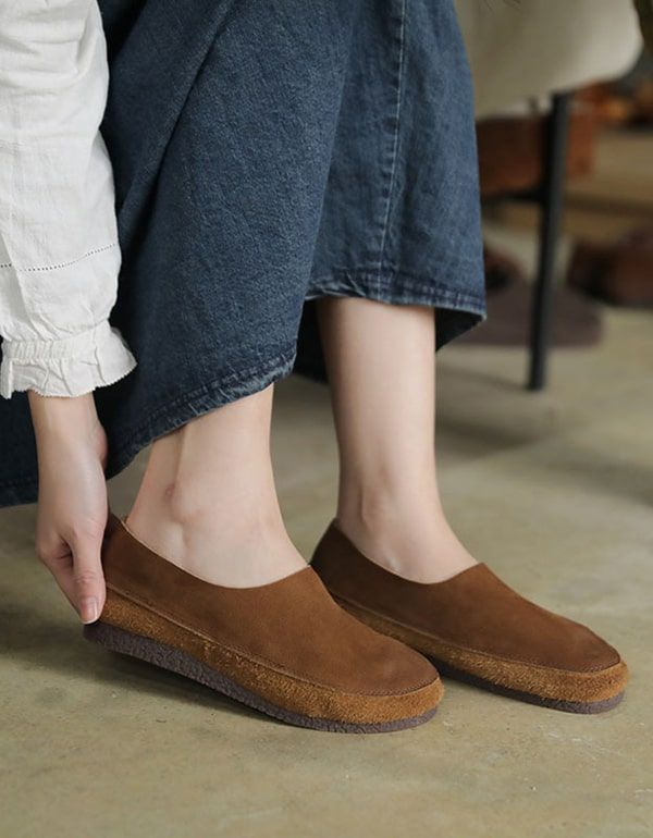 Chaussures Plates À Enfiler Rétro En Cuir Confortables Pour Femmes