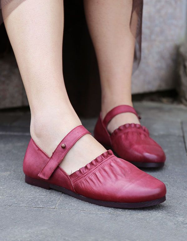 Chaussures Plates Faites À La Main En Cuir Rétro Pour Femmes