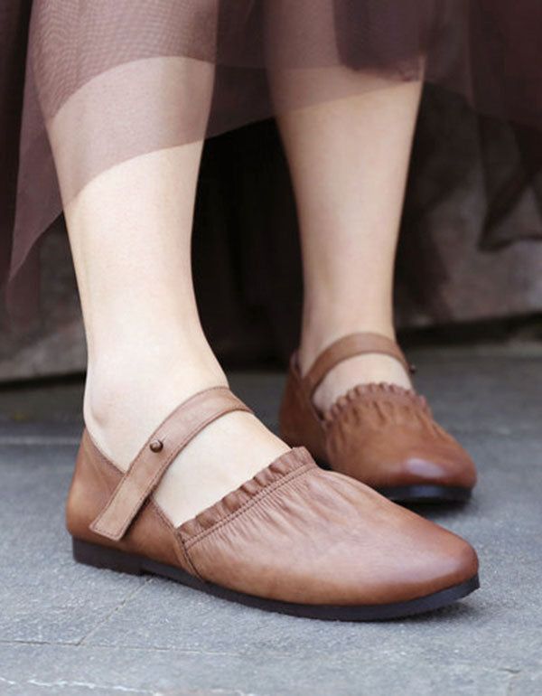 Chaussures Plates Faites À La Main En Cuir Rétro Pour Femmes