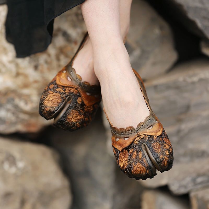 Chaussures Plates Pour Femmes En Cuir Fleuri À Bout Fendu