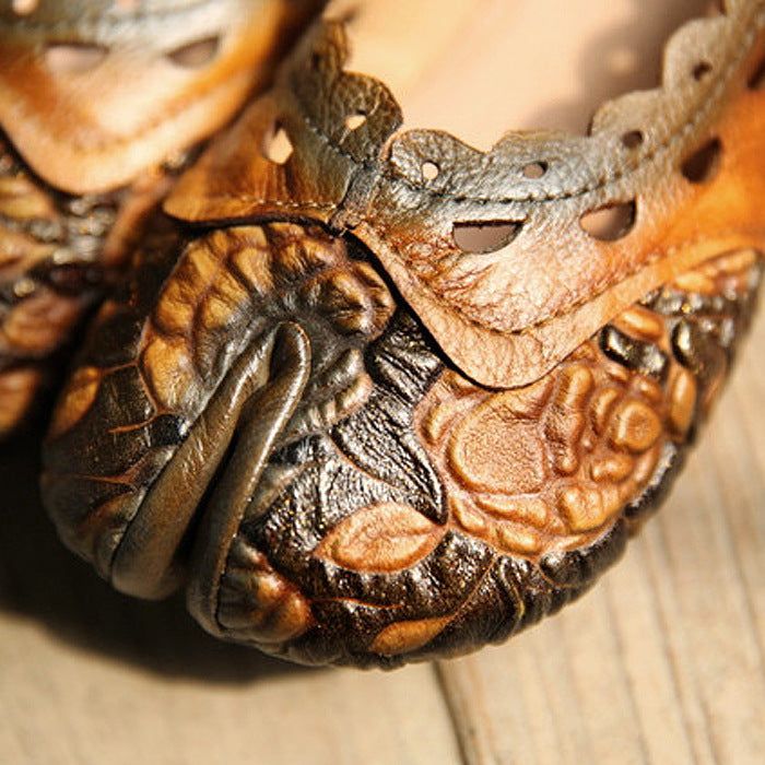 Chaussures Plates Pour Femmes En Cuir Fleuri À Bout Fendu