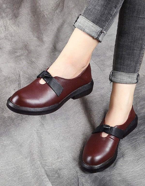 Chaussures Plates Rétro En Cuir Souple Bowknot D'automne