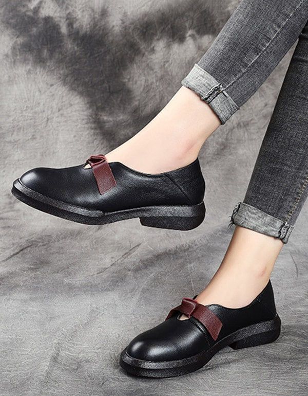 Chaussures Plates Rétro En Cuir Souple Bowknot D'automne