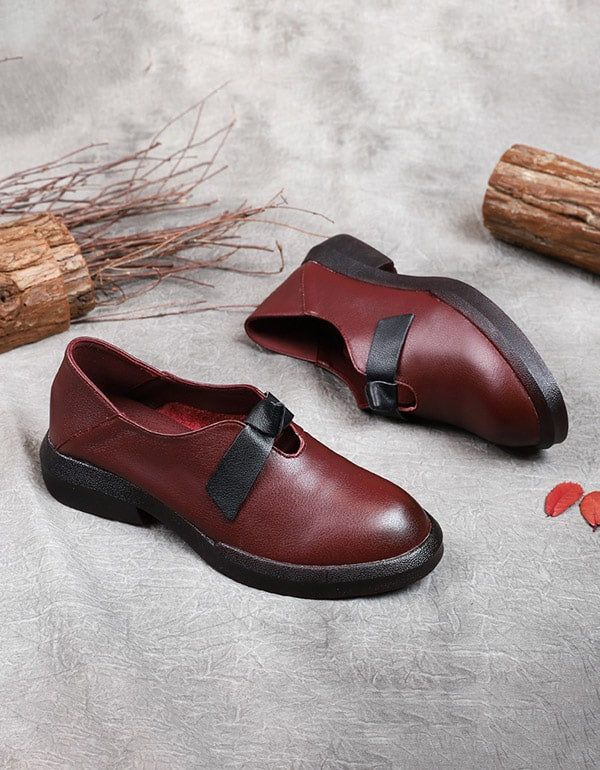 Chaussures Plates Rétro En Cuir Souple Bowknot D'automne