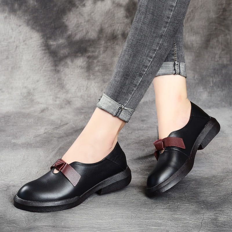 Chaussures Plates Rétro En Cuir Souple Bowknot D'automne