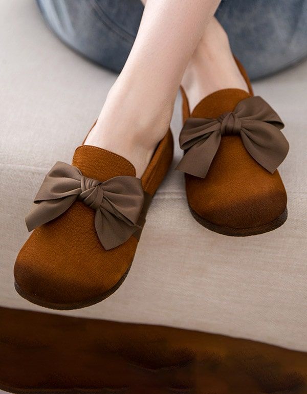 Chaussures Plates Rétro En Cuir Souple À Tête Ronde Bowknot