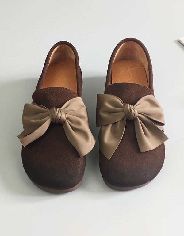 Chaussures Plates Rétro En Cuir Souple À Tête Ronde Bowknot