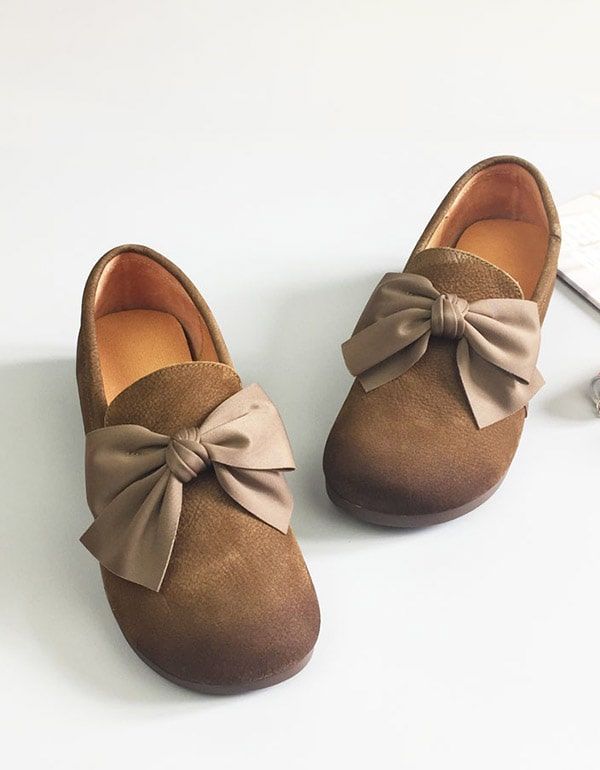 Chaussures Plates Rétro En Cuir Souple À Tête Ronde Bowknot