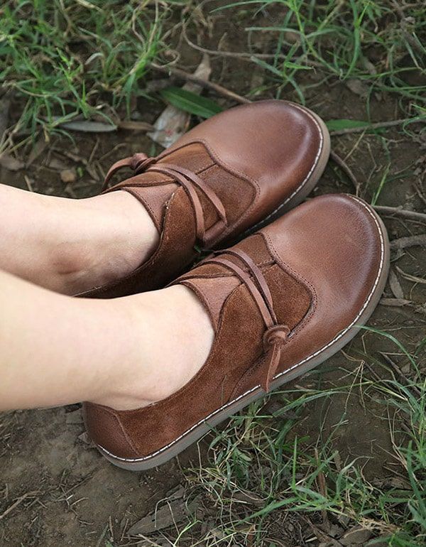 Chaussures Plates Rétro En Cuir À Tête Ronde