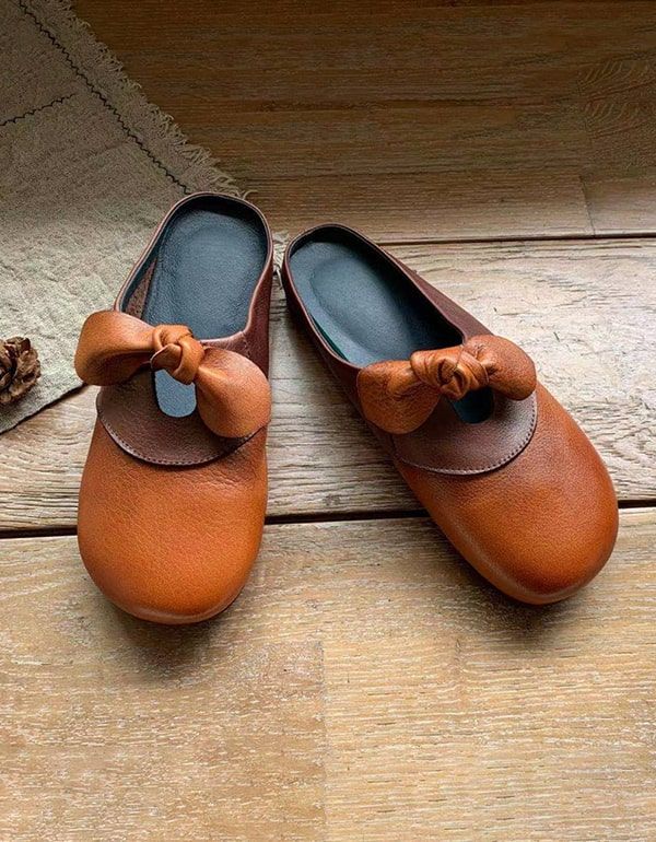 Diapositives En Cuir Souple Bowknot Faites À La Main Pour Femmes